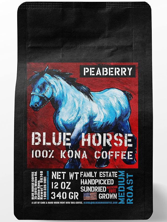 Blue Horse 100% Kona Coffee Peaberry, Medium Roast, Arabica Whole Beans, 12 oz Bag, Farm Fresh, Authentic Hawaiian Coffee from the Big Island