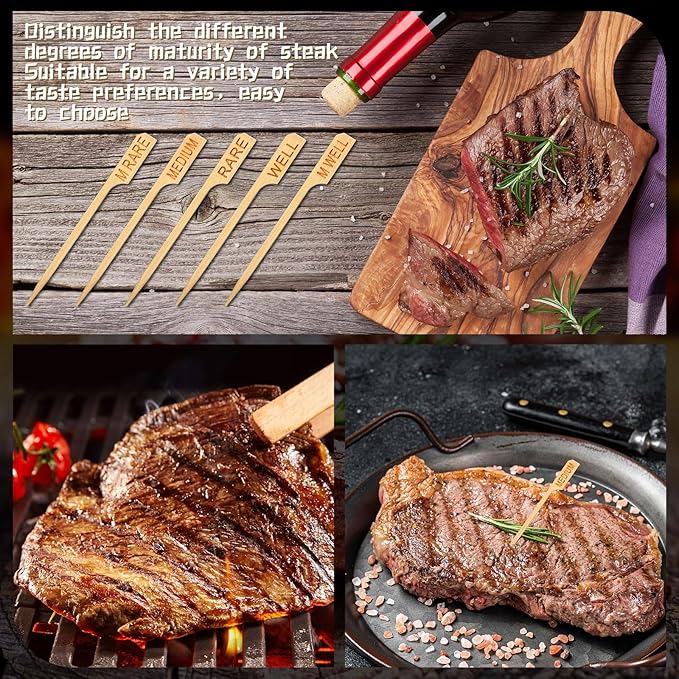 Soaoo 500 Pcs 3.5" Assorted Bamboo Wood Temperature Picks Steak Temperature Sticks Meat Doneness Steak Markers Bamboo Paddle Skewers Sticks for BBQ Barbecue Party Cocktail Fruit Grilling Roasting