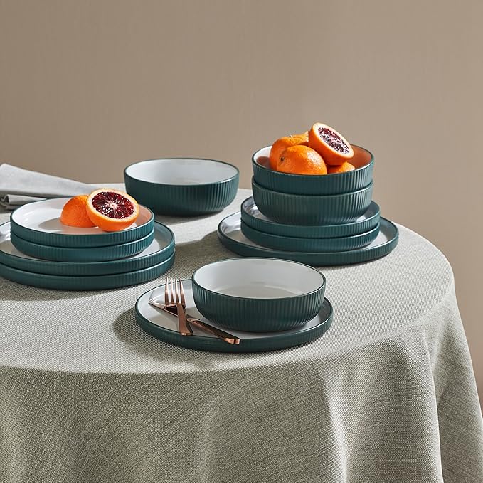 Christian Siriano Laro 24-Piece Stoneware Dinnerware Set, Plates and Bowls Set, Microwave and Dishwasher Safe, Dish Set for 8, Green