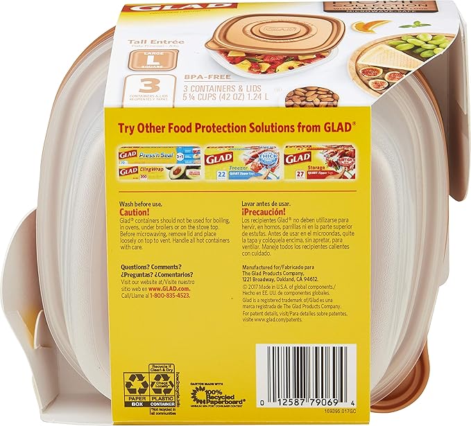 GladWare Home Tall Entree Food Storage Containers, Large Square Holds 42 Ounces of Food, 3 Count Set - 6 Pack | With Glad Lock Tight Seal, BPA Free Containers and Lids (18 Total Containers)