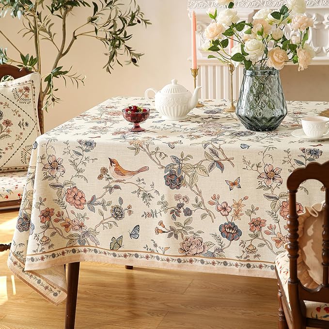 ISAENNE Designer French Light Beige Extra Long Rectangle Tablecloth,Linen Florals and Birds Pattern Table Cloth,Durable Decorative Tablecloths for Dining Thanksgiving Kitchen,67"*118"-Cornucopia