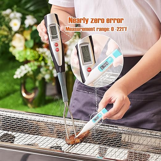 Meat Thermometer Fork with Electronic Ready Alarm, Digital Cooking Thermometer with Instant Read, LCD Display and Led Light, Grill Thermometers for BBQ Grilling Gadgets Steak Pork, Black