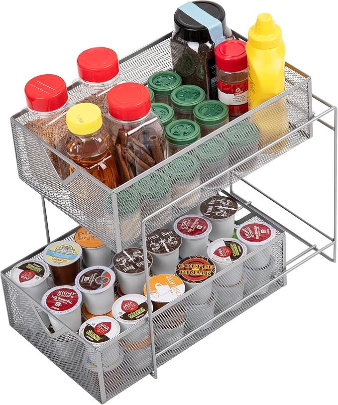 Mind Reader Accessory Organizer, Supply Storage, Makeup, Office, Kitchen, Metal Mesh, 8.25"L x 12.5"W x 12.5"H, Silver