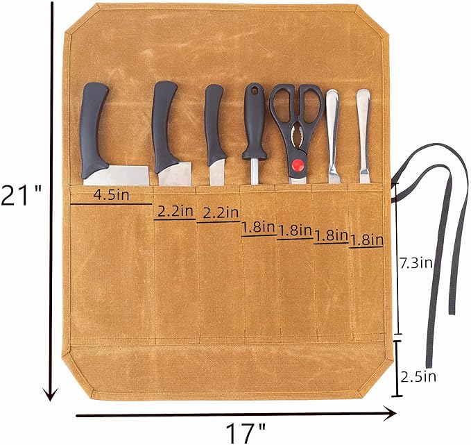 Denifiter Knife Cases Organizer-Durable 16OZ Waxed Canvas Knife Roll Construction-7 Pockets - (Khaki)