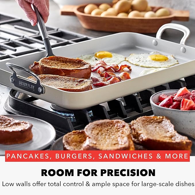 GreenPan x Bobby Flay 18" x 11" Nonstick Double Burner Griddle, PFAS-Free Ceramic Double Stovetop Skillet, Stainless Steel Handles, Dual-Use Cooking, Easy Clean Dishwasher & Oven Safe Pan, Cream