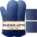 BPA-Free Soft Silicone 4 Piece Oven Mitts & Trivets Set - Ultra Heat Resistant Oven Mitts with Thick Cotton Liner - Long Slip Resistant Pot Holders, Flexible Oven Gloves - Royal Blue