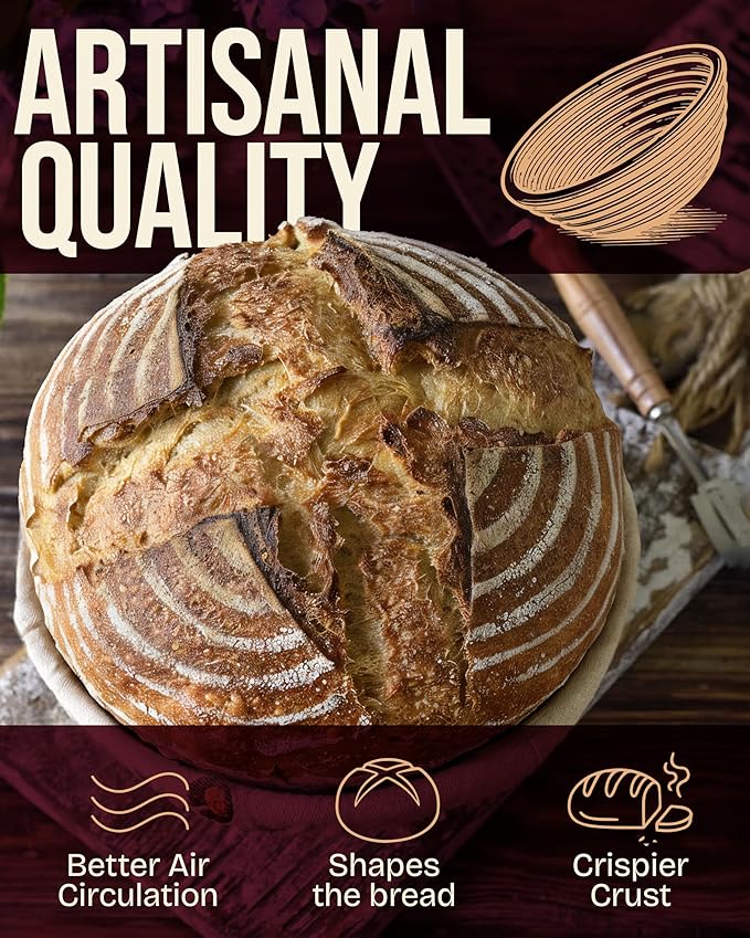Superbaking Banneton Bread Proofing Basket, Sourdough Bread Baking Supplies, Round 9 Inch Sourdough Starter Kit, Proofing Basket for Baking, Bread Making Supplies Tools, Banneton Basket Gift Set