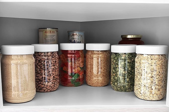 Pinnacle Mercantile Plastic Mason Jars - Screw on Ribbed Lid - 16 ounce-Set 6-Airtight Liner-Meal Prep Containers-Freezer Safe BPA Free