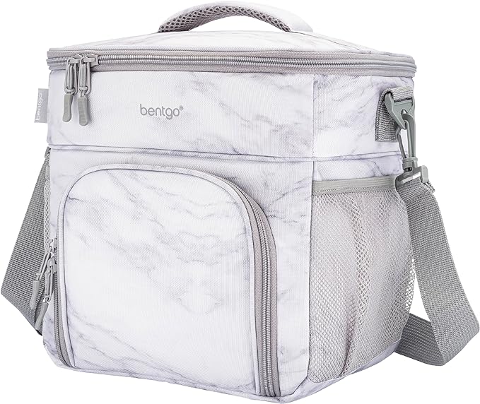 Bentgo Prep Deluxe Insulated Multimeal Bag - Lunch Box Bag, Holds 5 Meals, Premium Insulation up to 8 Hrs, Durable, Water-Resistant - Large Capacity For Adult Meal Prep (White Marble)