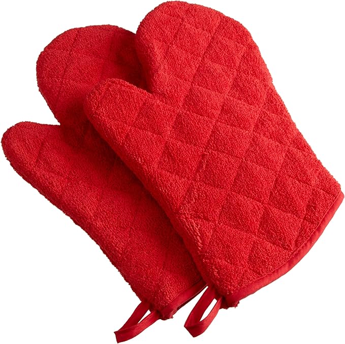 DII Basic Terry Collection 100% Cotton Quilted, Oven Mitt, Red, 2 Piece