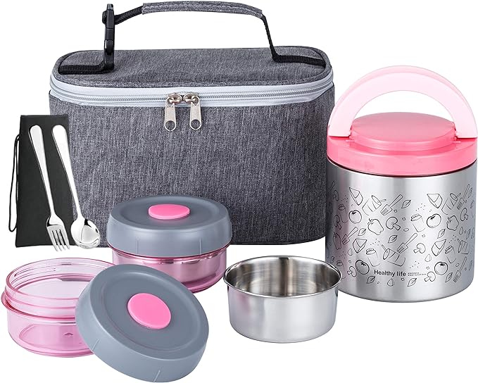 Lille Home Portable Insulated Lunch Box Set with Stainless Steel Cutlery, vacuum lunch box, to Keep Food Warm or Cool, Two Containers for Fruits and Sauces, Durable and Leak-Proof(Pink)