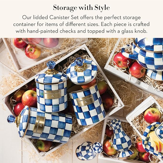MACKENZIE-CHILDS Enamel Canister Set, Small (38 oz.), Medium (48 oz.), and Large (64 oz.) Kitchen Containers, Blue-and-White Royal Check