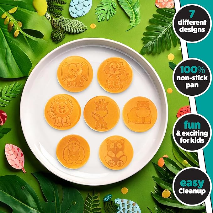 Animal Mini Pancake Pan - Make 7 Unique Flapjack Zoo Animals, Including a Elephant, Giraffe and More- Nonstick Pan Cake Maker Griddle for Breakfast Fun & Easy Cleanup, Xmas Holiday Breakfast or Gift