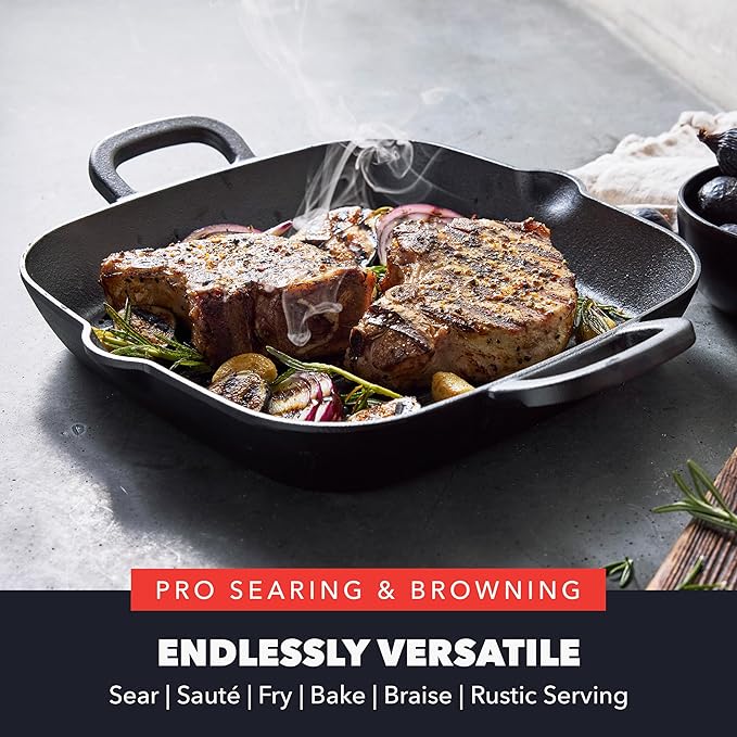 GreenPan x Bobby Flay Cast Iron 11” Square Grill Pan, Pre-Seasoned Professional Grade Heavy Duty Skillet, Helper Handles, Induction Suitable, Stovetop, Oven, BBQ & Fire, Indoor & Outdoor Use, Black