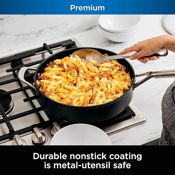 Ninja Foodi NeverStick Professional Hard-Anodized 4-Quart Sauté Pan with Glass Lid, Nonstick, Durable & Oven Safe to 500°F, Salt Grey, C30140