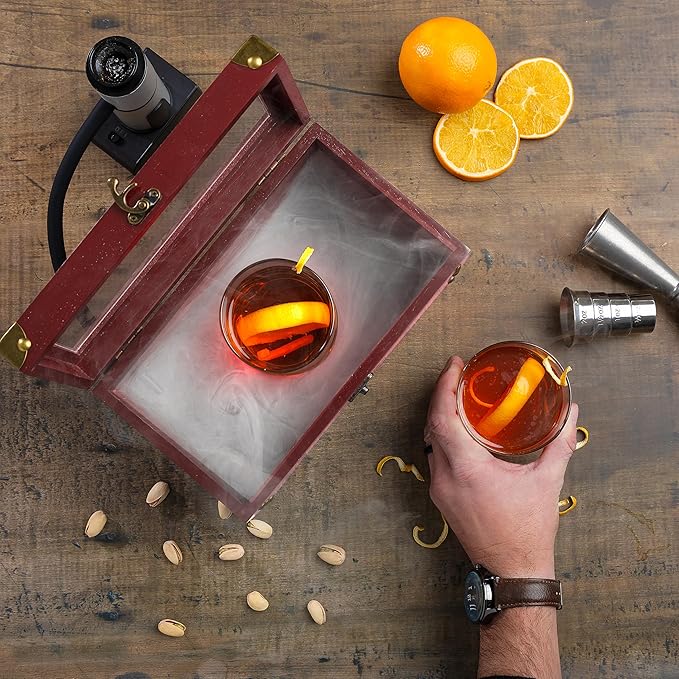 BOURBON&BARREL Cocktail Smoker Kit | Crafted with Walnut Wood | Whiskey Smoker Kit with Instant Smoker, Smoking Box, Food Tray and 4 Varieties of Wood Chips | Old Fashioned Smoker [Cherry Stain]