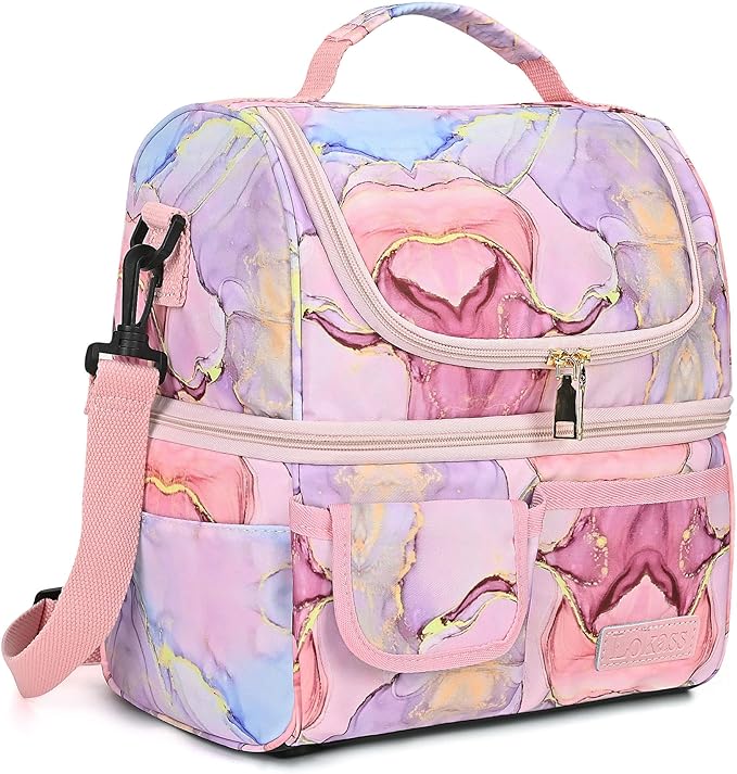 LOKASS Lunch Box for Women-Double Deck Insulated Adults Lunch Bag with Removable Shoulder Strap- Cute Wide Open Lunch Tote for Work/Office/Picnic/Beach/Travel (Pink)