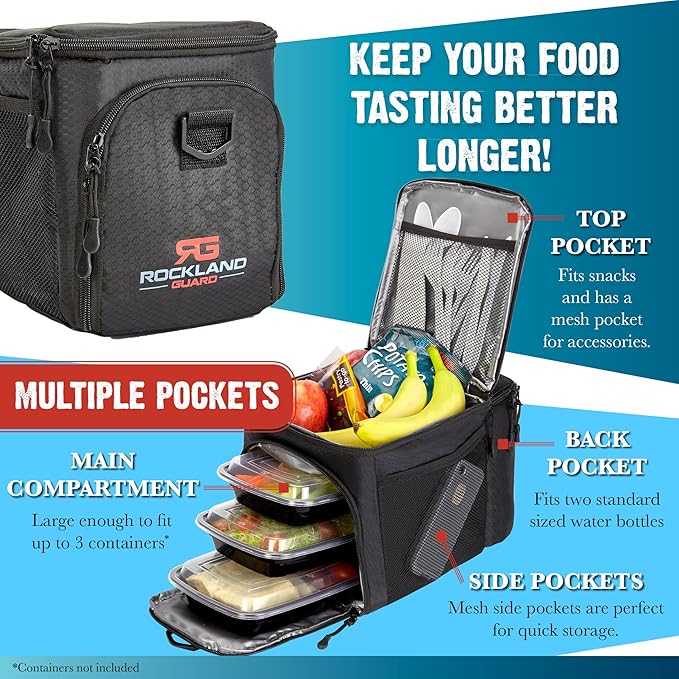Rockland Guard Insulated Lunch Bag for Men - Lunch Box for Women with Compartments for Meal Prep Containers, Bottles, Snacks, Extra Storage Pockets - Lunchbox for Work, Travel, Picnic, Camping - Black