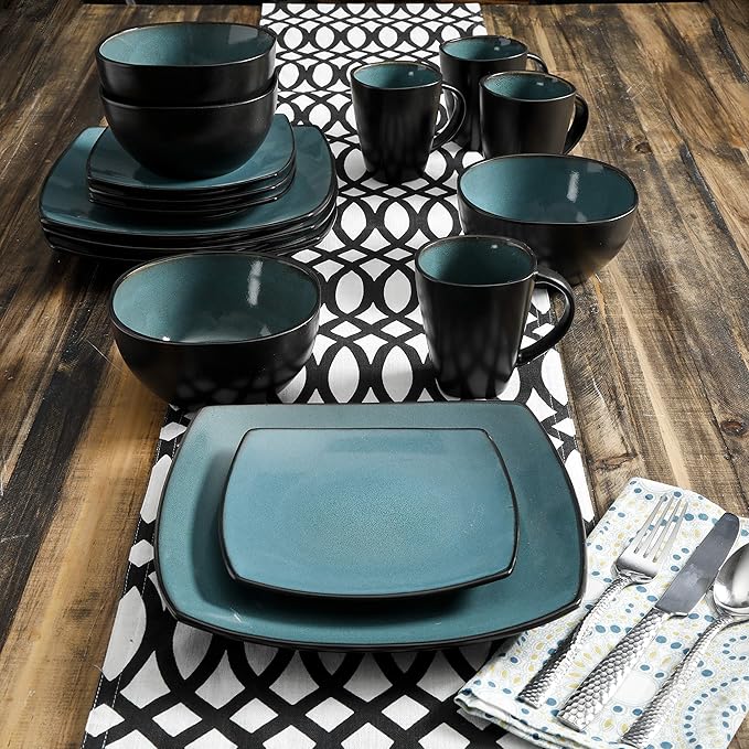 Gibson Elite Soho Lounge 16-Piece Reactive Glaze Dinnerware Set, Teal/Black Two-Tone