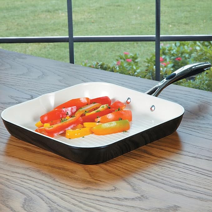 Tramontina Ceramica Deluxe 11-Inch Square Grill Pan, Ceramic Non Stick, Oven-Safe, Metallic Black