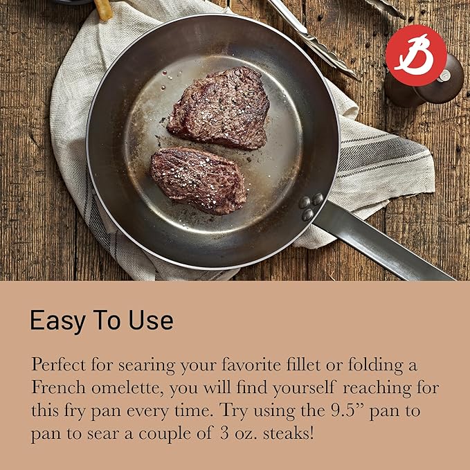 De Buyer MINERAL B Carbon Steel Fry Pan - 9.5” Diameter, 6.9” Cooking Surface - Ideal for Searing, Sauteing & Reheating - PFAS, PFOA & PFOS Free - Made in France