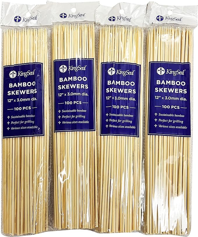 400 Count | KingSeal Natural Bamboo Wood Grilling Skewers for Shish Kebabs, BBQ, and Fruit Arrangements, 12 Inch x 3.0mm Diameter - 4 Packs x 100 Skewers