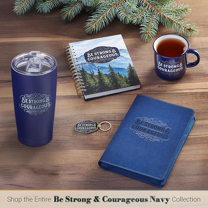 Christian Art Gifts Inspirational Ceramic Coffee & Tea Scripture Mug for Men & Women: Strong & Courageous Bible Verse, Microwave & Dishwasher Safe Non-toxic Beverage Cup, Dark Navy Blue/White, 13 oz.