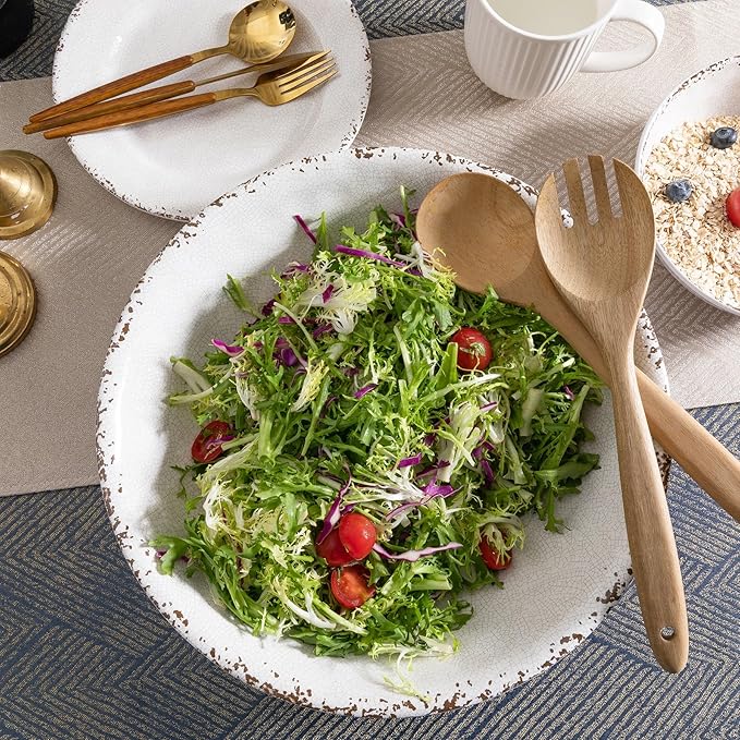 Melamine Large Serving Bowls Set of 2, 13.75" and 130 OZ Farmhouse BPA Free Salad, Pasta and Mixing Serving Bowls, Large Bowls Set for Serving Food, Durable and Dishwasher Safe, Ivory