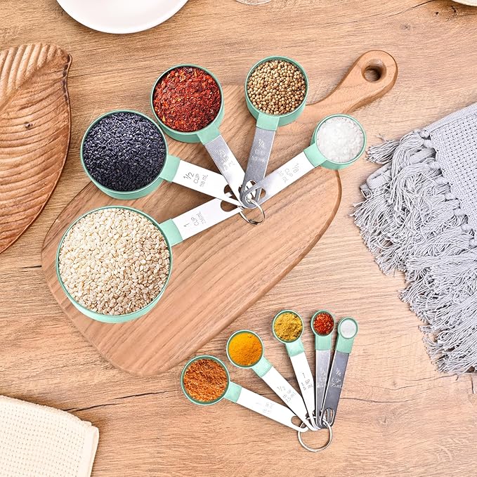 Measuring Cups and Spoons Set, Stackable Cups and Spoons, 10 Pieces Nesting Measure Cups with Stainless Steel Handle, Kitchen Gadgets for Cooking & Baking, Lake Green