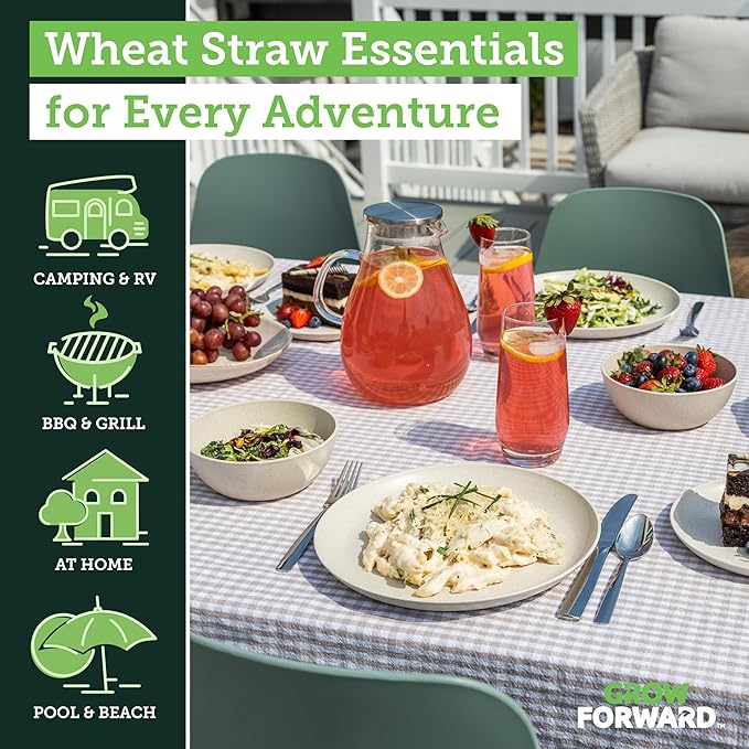 Grow Forward 24-piece Premium Wheat Straw Dinnerware Sets for 8 - Unbreakable Dishwasher & Microwave Safe Plastic Plates and Bowls Sets - Patio, Outdoors, RV, Camping Dishes - Sahara