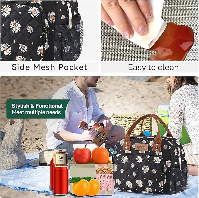 HOMESPON Lunch Bag for Woman Man Adults with Front Pocket Insulated Lunch Tote Lunch Box Container for Work Picnic or Travel(Daisy Side Pockets)