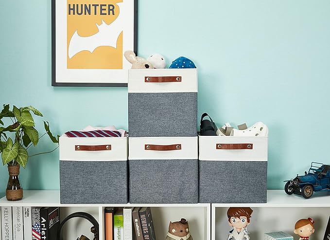 DECOMOMO Fabric Cube Storage Bins - Storage Baskets for Shelves, Cube Storage Organizer for Kallax and Cubbies (Slate Grey & White, 11 inch Cube) - 4 Pack