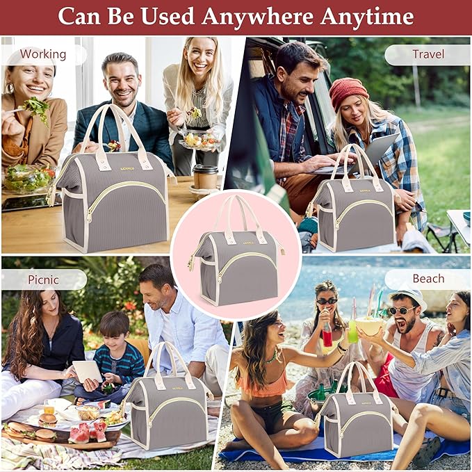 LOKASS Lunch Bag Women Insulated Lunch Box Wide-Open Lunch Tote Bag Large Cooler Bag for Work Picnic Hiking Beach（Dark Gray）