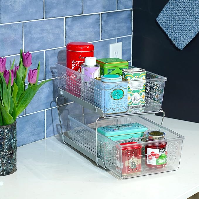madesmart 2-Tier Organizer, Multi-Purpose Slide-Out Storage with Handles and Dividers for Home and Bath, BPA Free, Clear/Gray