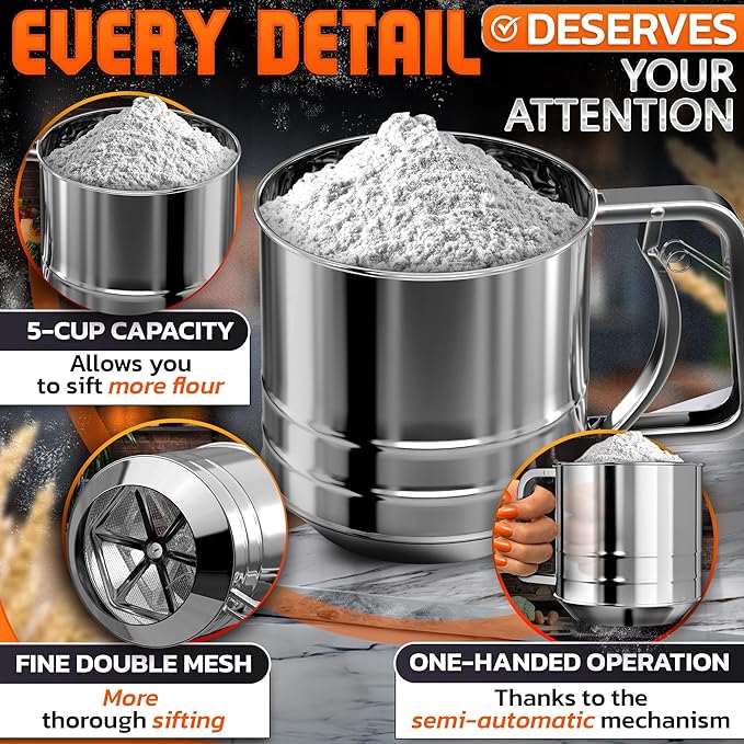 5 Cup Flour Sifter for Baking – Large Capacity Flour Sifter Stainless Steel with Double Mesh, Easy One-Hand Use & Dishwasher Safe – Baking Tools for Sifting Powdered Sugar, Cocoa & Christmas Cookies