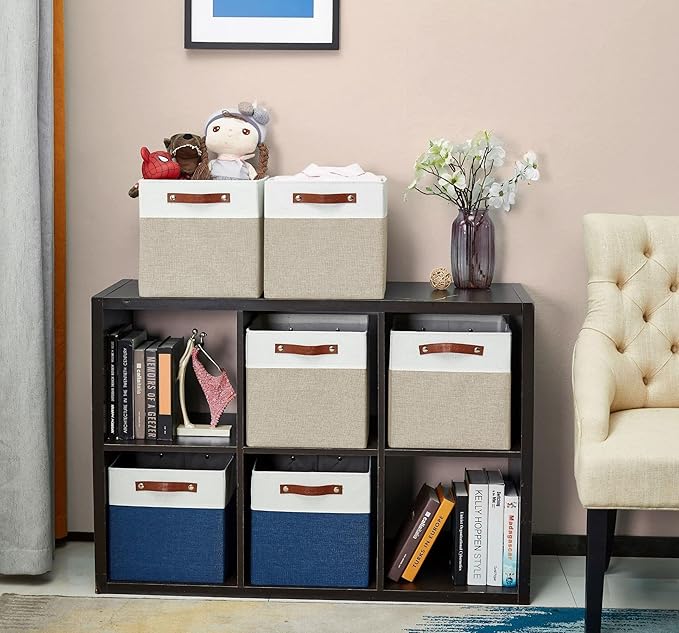 DECOMOMO Kallax Storage Cubes -13x15x13 Storage Bins, Baskets for Organizing Shelves (Beige and White, 4-Pack)