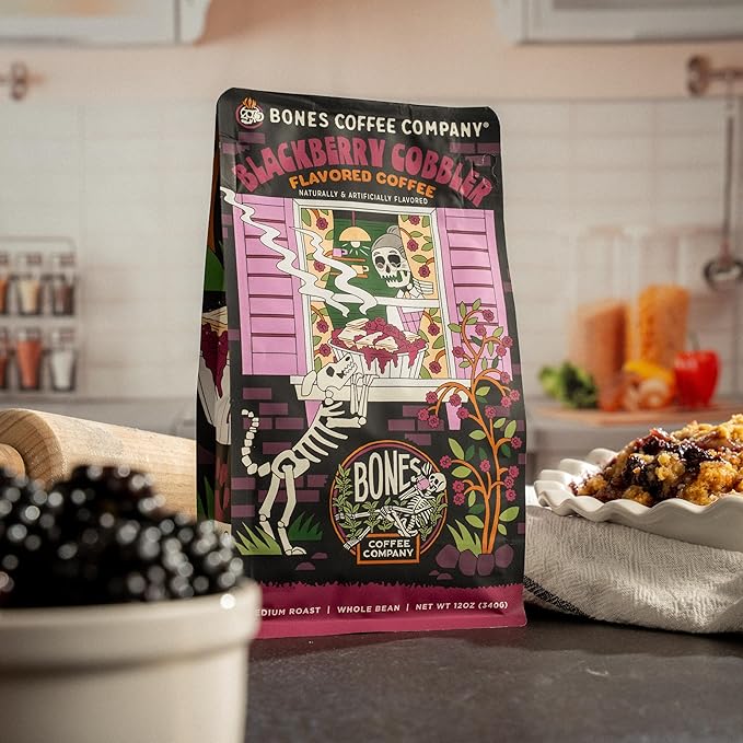 Bones Coffee Company Blackberry Cobbler Flavored Coffee Beans, Medium Roast Ground Coffee Low Acid, Blackberry Cobbler Flavor (12 oz)