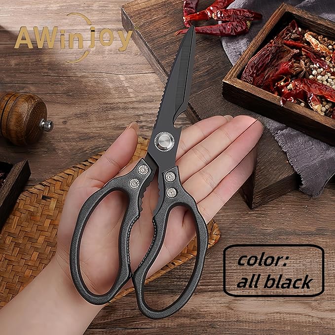 AWinjoy Heavy Duty Sharp Kitchen Scissors - Dishwasher Safe Black Cooking Shears for Meat, Chicken, Fish, Poultry, Herb, Bread (All Black)