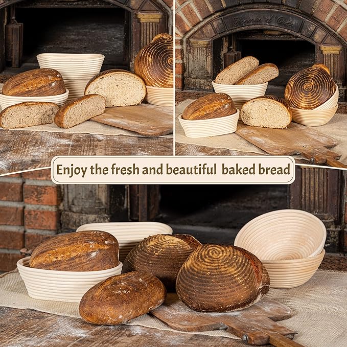 Sourdough Bread Baking Supplies Starter Kit, Banneton Proofing Basket 9'' Round and 10” Oval, Sourdough Starter Jar, Scraper, Scoring Lame, Brush, Short Danish Whisk, Gift Set