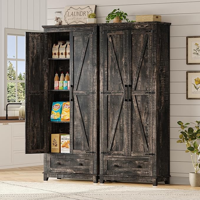 AMERLIFE 2 Pcs Farmhouse Kitchen Pantry Cabinet, 72" Tall Storage Cabinet with Adjustable Shelves & Barn Doors & Drawer, Freestanding Kitchen Cupboard for Dining Room, Living Room, Dark Rustic Oak