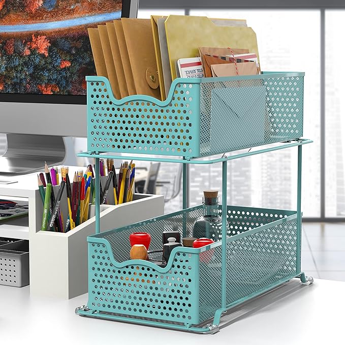 SIMPLE HOUSEWARE 2 Tier Sliding Cabinet Basket Organizer Drawer, Turquoise