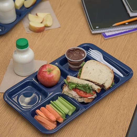 Carlisle FoodService Products Plastic Meal Tray Righ-Handed Heavyweight Lunch Tray with 6-Compartments for Schools, Cafeterias, and Dining Halls, Melamine, 15 x 9 Inches, Dark Blue, (Pack of 12)
