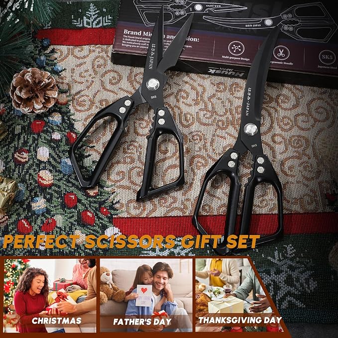HUUSK Kitchen Scissors Set Black - Stainless Steel Kitchen Shears, Sharp Meat Scissors Dishwasher Safe, Heavy Duty Poultry Shears All Purpose, Japanese Cooking Scissor for Food,Christmas Gifts for Men