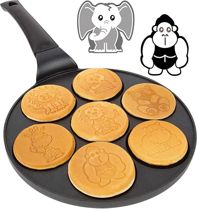 Animal Mini Pancake Pan - Make 7 Unique Flapjack Zoo Animals, Including a Elephant, Giraffe and More- Nonstick Pan Cake Maker Griddle for Breakfast Fun & Easy Cleanup, Xmas Holiday Breakfast or Gift