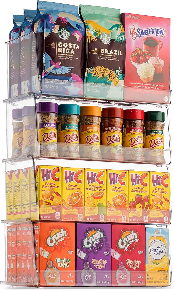Set Of 4 Clear Pantry Organizer Bins Stackable Household Plastic Food Storage Basket with Wide Open Front for Kitchen, Countertops, Cabinets, Refrigerator, Freezer, Bedrooms, Bathrooms