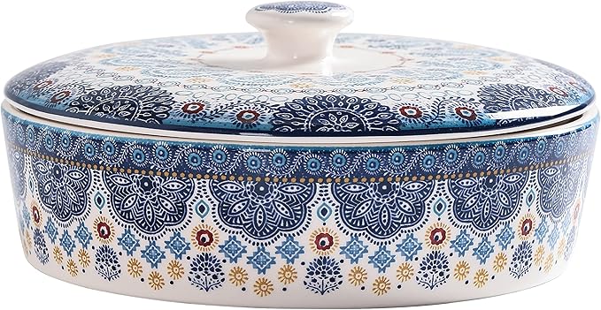 Bico Blue Talavera Ceramic Tortilla Warmer, 8.9 Inch Tortilla Holder with Lid for Taco Bread Pancake for Mexican Night and Party, Microwave and Dishwasher Safe