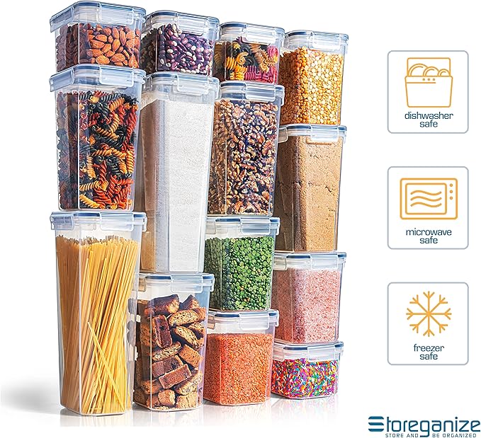 14 PCS Airtight Food Storage Containers with Lids set, BPA Free Leak-proof Kitchen and Pantry Organization Canisters for Cereal, Pasta, Dry Food, Flour Sugar, Stackable, Free Label, Marker, Scoop