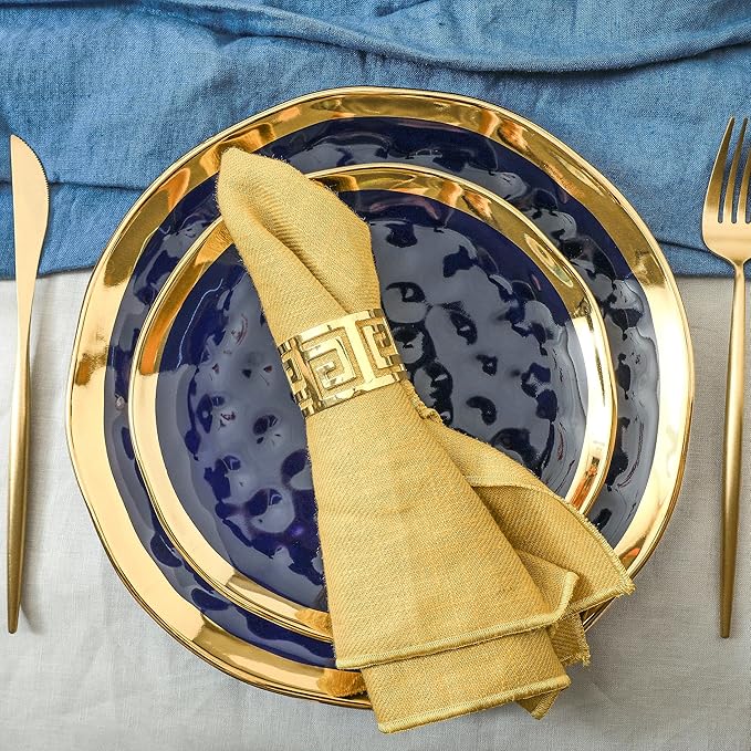 Stone Lain Porcelain 16 Piece Dinnerware Set, Service for 4, Blue and Golden Rim, Dark Blue