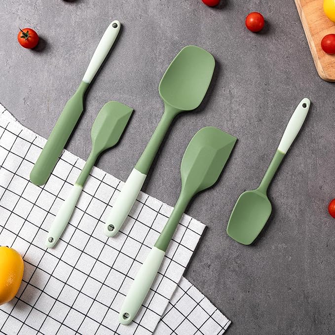 Silicone Spatula Set, 5 Piece Food Grade Rubber Spatulas for Baking, Cooking, and Mixing High Heat Resistant Non Stick Dishwasher Safe BPA-Free (Two colors - Green)