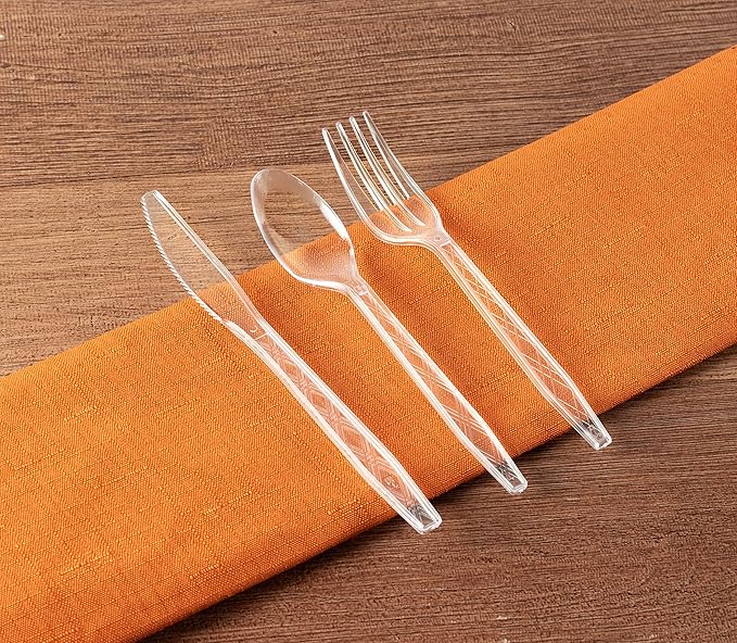Party Bargains Clear Plastic Cutlery 720 pcs: 360 Forks, 240 Spoons, 120 Knives. Argyle Design, Heavy Duty & Solid Disposable Silverware Utensils Combo Pack Set for Weddings, Buffets, Luncheons